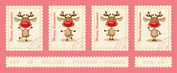 Conjunto de sellos postales navideños con ciervos del norte bailando en diferentes poses. Estilo de dibujos animados aislado sobre fondo rosa. Ilustración vectorial — Vector de stock