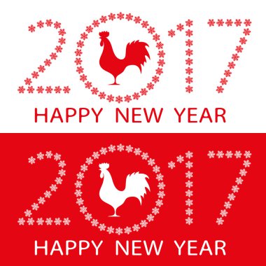 Sembol üzerinde Doğu takvim siluet horoz 2017 arka plan resimler üzerinde mutlu yeni yıl ve kar taneleri çemberi kümesi. Vektör çizim