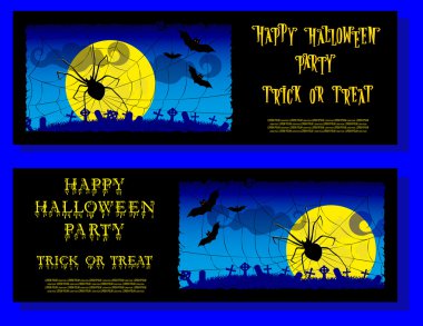 Tatil Partisi Cadılar Bayramı biletle degrade arka plan üzerinde korkunç örümcek, ay ve canavar yarasalar kümesi. Kemikleri gelen mektuplar. Karikatür tarzı. Vektör çizim