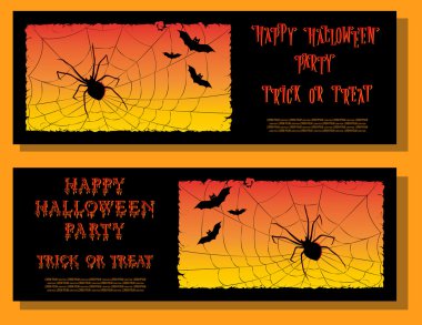 Tatil Partisi Cadılar Bayramı biletle degrade arka plan üzerinde korkunç örümcek, ay ve canavar yarasalar kümesi. Kemikleri gelen mektuplar. Karikatür tarzı. Vektör çizim