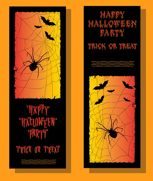 Set of Halloween ticket on holiday party with scary spider, moon and monster bats on gradient background. Letters from bones. Cartoon style. Vector illustration — Stock Vector