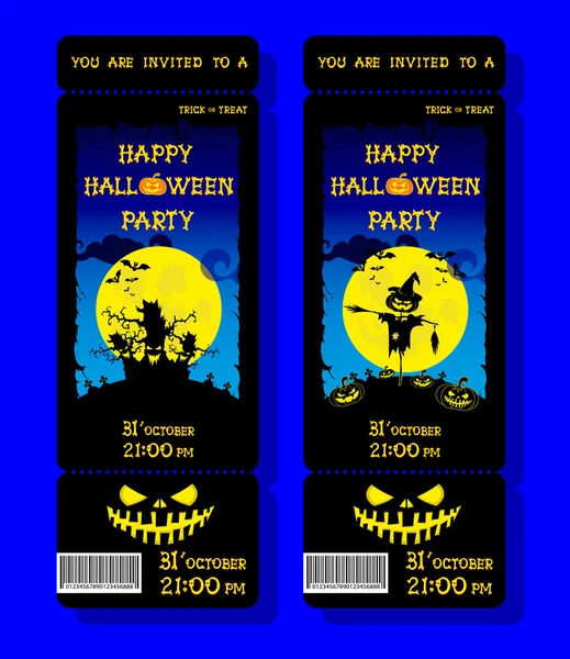 Set of Halloween ticket on holiday party with pumpkin, scary trees, moon and monster bats on dark blue gradient background. Letters from bones. Cartoon style. Vector illustration — Stock Vector