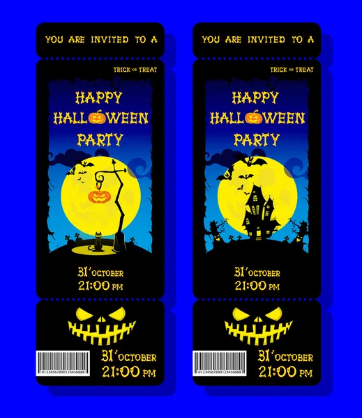 Set of Halloween ticket on holiday party with pumpkin, scary trees, moon and monster bats on dark blue gradient background. Letters from bones. Cartoon style. Vector illustration — Stock Vector