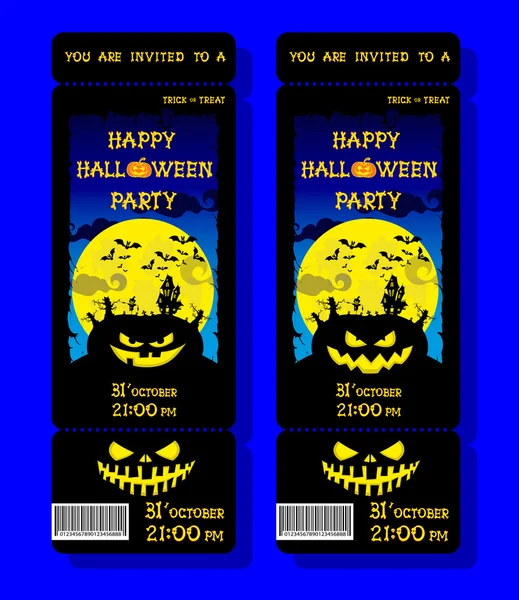 Set of Halloween ticket on holiday party with pumpkin, scary trees, moon and monster bats on dark blue gradient background. Letters from bones. Cartoon style. Vector illustration — Stock Vector