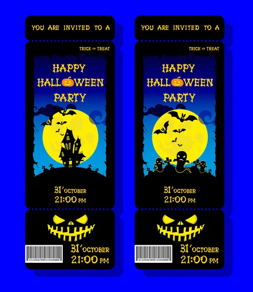 Set of Halloween ticket on holiday party with pumpkin, scary trees, moon and monster bats on dark blue gradient background. Letters from bones. Cartoon style. Vector illustration — Stock Vector