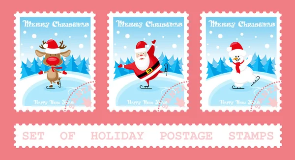 Set of holiday postage stamps with Santa Claus, deer, snowman on ice rink. Cartoon style isolated on pink background. Vector illustration — Stock Vector