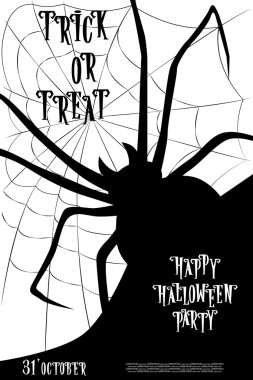 Tatil parti hile Halloween arka plan veya web üzerinde canavar örümcek ile tedavi. Retro karikatür tarzında mektuplar. Vektör çizimi