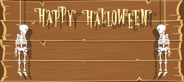 Fondo de vacaciones. Divertido esqueleto colgando de una cuerda y texto Feliz Halloween en el fondo de la pared de madera. Estilo de dibujos animados. Ilustración vectorial — Archivo Imágenes Vectoriales