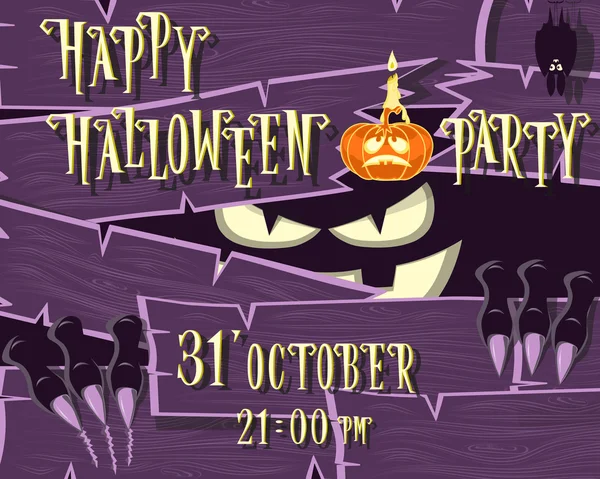 Banner de Halloween: monstruo con la cara asustadiza pared de madera rota de las tablas y mira fuera de la oscuridad. Ilustración vectorial en estilo de dibujos animados. Cartel de diseño conceptual, invitación o entrada en fiesta de vacaciones . — Vector de stock