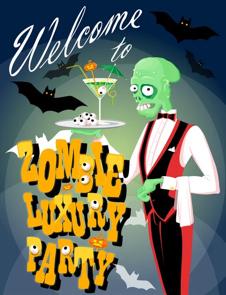 Cameriere zombie divertente con cocktail. Stile cartone animato. Progettare poster di Halloween, banner o biglietto da visita. Illustrazione vettoriale — Vettoriale Stock