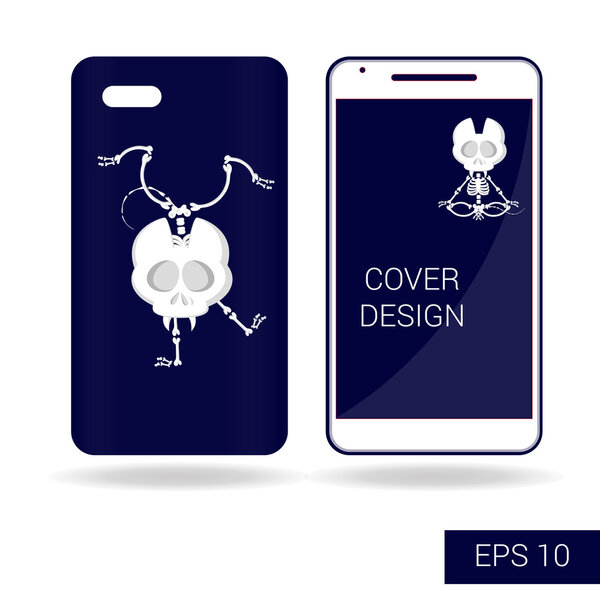 Концепция дизайна обложки мобильного смартфона со смешным скелетом кошки в мультяшном стиле изолированы на белом фоне. Векторная иллюстрация
