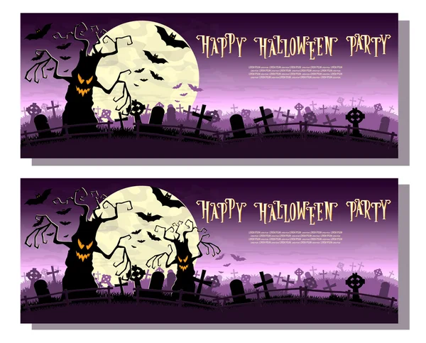 Fondo de Halloween. Monstruos aterradores árboles en el viejo cementerio telón de fondo luna, murciélagos y tumbas. Diseño para banner conceptual, póster, tarjetas o invitaciones en fiesta. Estilo de dibujos animados. Ilustración vectorial — Vector de stock