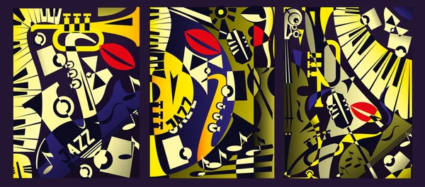 Design banner jazz music in retro geometric abstraction style. Pintura do Tríptico. Ilustração vetorial — Vetor de Stock