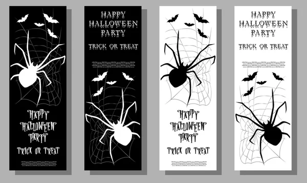 Conjunto de boletos de Halloween o volantes en la fiesta de vacaciones con araña de miedo, y los murciélagos monstruo aislados en el fondo gris. Estilo de dibujos animados. Ilustración vectorial — Vector de stock