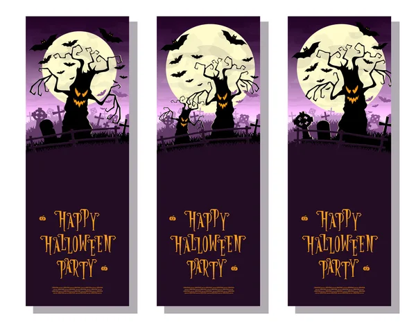 Definir banners de Halloween. Monstros assustadores árvores no velho cemitério pano de fundo lua, morcegos e sepulturas. Design para cartaz, cartões ou convites em festa. Estilo dos desenhos animados. Ilustração vetorial. Orientação vertical . —  Vetores de Stock