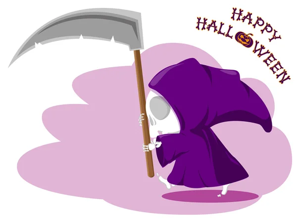 Grappige kleine dood met een grote zede. Titel Happy Halloween van Bones geïsoleerd op witte achtergrond. Cartoon stijl. Vector illustratie — Stockvector