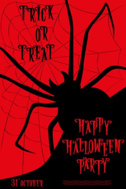 Tatil parti hile Halloween arka plan veya web üzerinde canavar örümcek ile tedavi. Retro karikatür tarzında mektuplar. Vektör çizimi