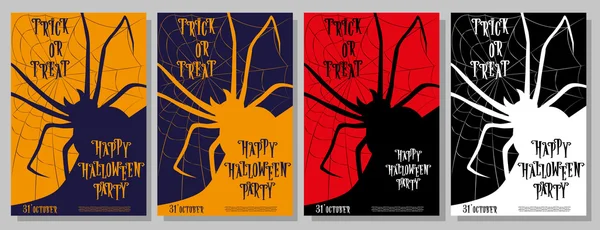 Eine Reihe von Halloween-Flyern auf der Weihnachtsfeier. Trick oder Behandlung mit Monsterspinne im Netz. Buchstaben im Retro-Cartoon-Stil. Vektorillustration — Stockvektor