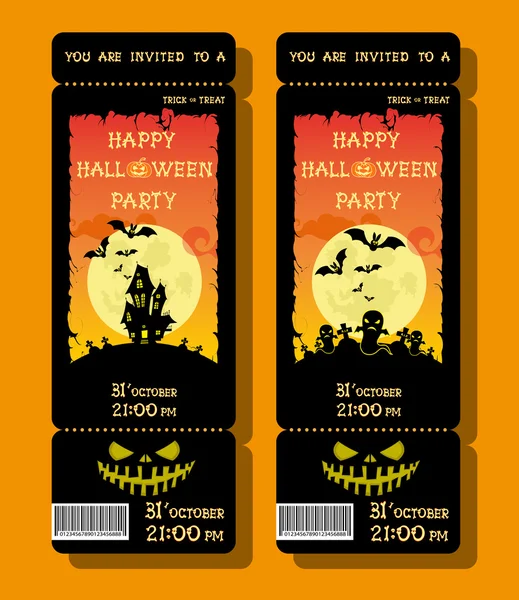 Set of Halloween ticket or flyer on holiday party with pumpkin, scary trees, moon and monster bats on orange gradient background. Letters from bones. Cartoon style. Vector illustration — Stock Vector