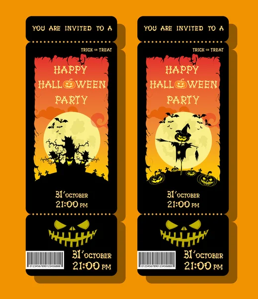 Set of Halloween ticket or flyer on holiday party with pumpkin, scary trees, moon and monster bats on orange gradient background. Letters from bones. Cartoon style. Vector illustration — Stock Vector