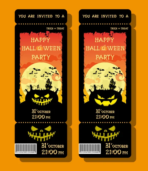 Set of Halloween ticket or flyer on holiday party with pumpkin, scary trees, moon and monster bats on orange gradient background. Letters from bones. Cartoon style. Vector illustration — Stock Vector