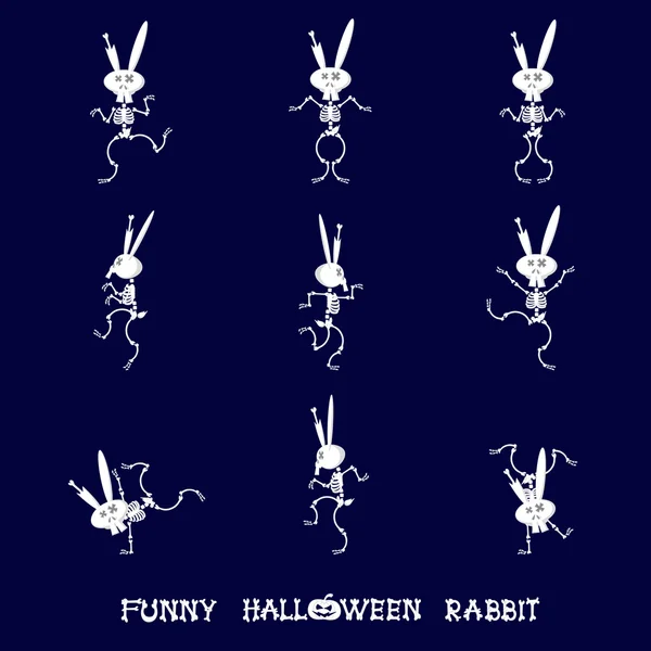 Conjunto de elementos de diseño de Halloween: lindo esqueleto de conejo en estilo de dibujos animados danza o gimnasia divertida aislada sobre fondo azul oscuro. Ilustración vectorial — Archivo Imágenes Vectoriales