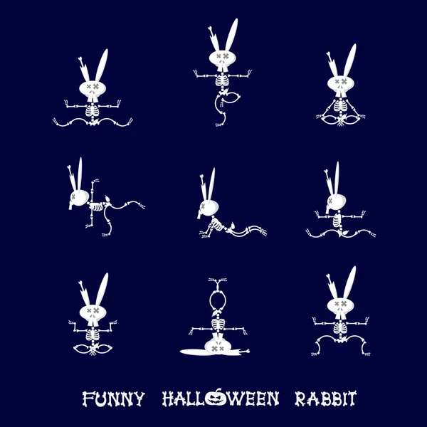 Conjunto de elementos de diseño de halloween: lindo esqueleto de conejo en estilo de dibujos animados - yoga de actividad en poses divertidas aisladas sobre fondo azul oscuro. Ilustración vectorial — Archivo Imágenes Vectoriales