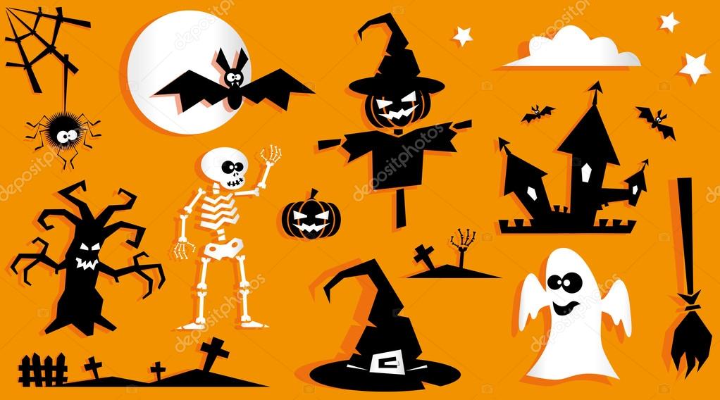 set of funny halloween symbol pumpkin scarecrow ghost bat tree spider crosses witch hat broom skeleton - Halloween Symbols For Kids set of funny halloween symbol pumpkin scarecrow ghost bat tree spider crosses witch hat broom skeleton - Halloween Symbols For Kids
