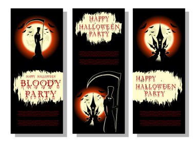 Cadılar Bayramı arka plan veya el ilanı seti: korkunç tırpher, yarasalar, kale ve çizgi film tarzında kanlı başlık ile ölüm. Afiş, afiş, davetiye veya parti bilet için konsept tasarım. Vektör çizimi