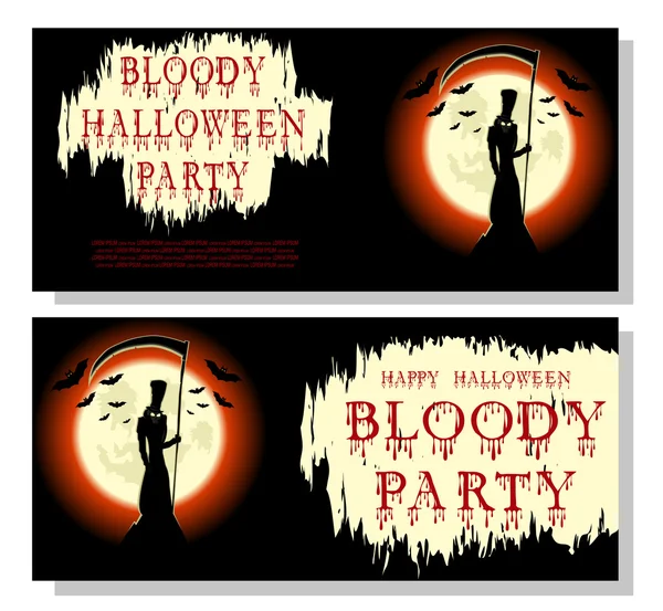 Banner de Halloween: muerte, murciélagos, guadaña de miedo y texto sangriento en estilo de dibujos animados en el fondo de la luna grande. Diseño conceptual para banner, póster, invitación o ticket en fiesta. Ilustración vectorial — Vector de stock