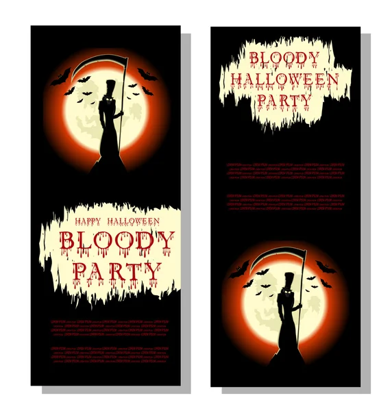 Banner de Halloween: muerte, murciélagos, guadaña de miedo y texto sangriento en estilo de dibujos animados en el fondo de la luna grande. Diseño conceptual para banner, póster, invitación o ticket en fiesta. Ilustración vectorial — Vector de stock