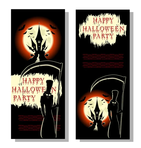 Halloweenské pozadí: strašidelná smrt s velkou Kostou, netopýry, strašidelný hrad a krvavý text v kresleném stylu na pozadí velkého měsíce. Nápis, plakát, pozvání, leták nebo lístek na párty. Vektorové — Stockový vektor