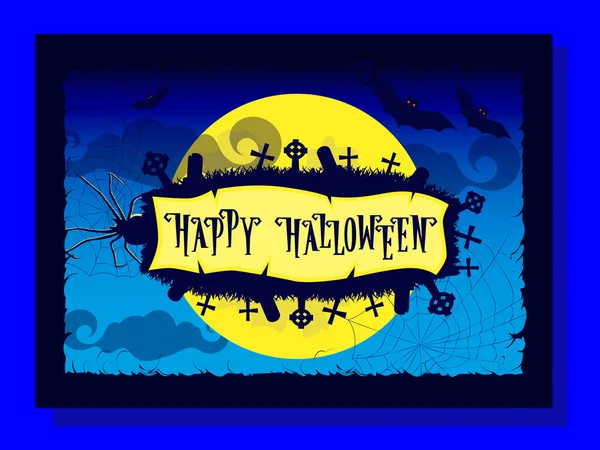 Fröhliche Halloween-Hintergrund mit Retro-Schriftzug, Monster Spinne, Netz, Silhouette Friedhof mit Gräbern Hintergrund auf Big Moon und beängstigende Fledermäuse auf dunklem Himmel Hintergrund. Cartoon-Stil. Vektorillustration — Stockvektor