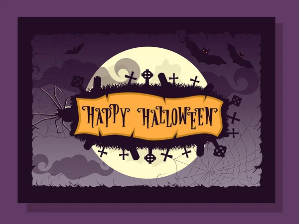 Feliz fundo halloween com letras retro, aranha monstro, web, cemitério silhueta com fundo sepulturas na lua grande e morcegos assustadores no fundo do céu escuro. Estilo dos desenhos animados. Ilustração vetorial — Vetor de Stock