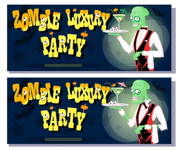 Set of banners for halloween holiday party with cute elegant zombie waiter drawing in funny cartoon retro style. Concept design poster or card. Vector illustration isolated on white background. — Stock Vector