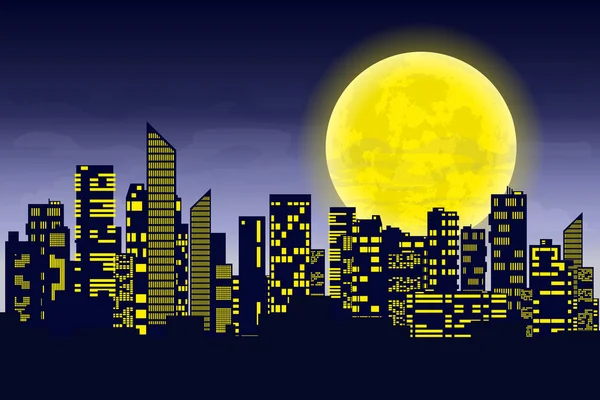 Panorama of the big city at night. Silhouettes of skyscrapers different construction in the dark town with glowing windows on a background of a large moon. Concept design banner. Vector illustration — Stock Vector