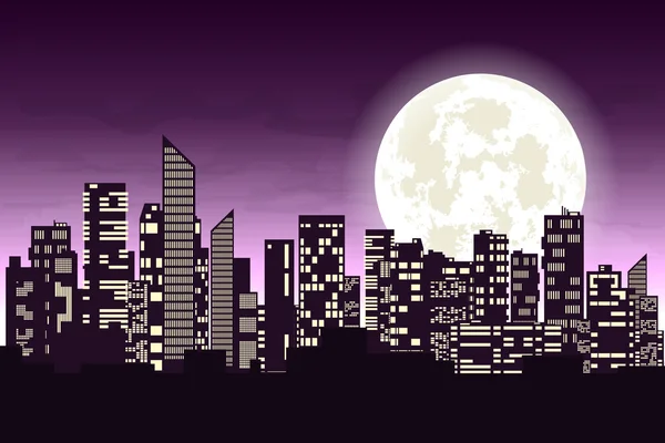 Panorama de la gran ciudad por la noche. Las siluetas de los rascacielos la construcción diferente en la ciudad oscura con las ventanas brillantes sobre el fondo de la luna grande. Banner de diseño conceptual. Ilustración vectorial — Vector de stock