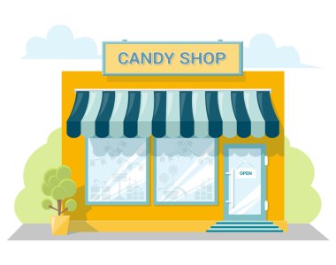 Bir tabela, tente ve vitrin ürünleri ile Cephe şeker mağazası. Düz bir tasarımda soyut görüntü. Konsept broşür veya afiş için ön dükkan. Beyaz arka planda yalıtılmış vektör çizimi