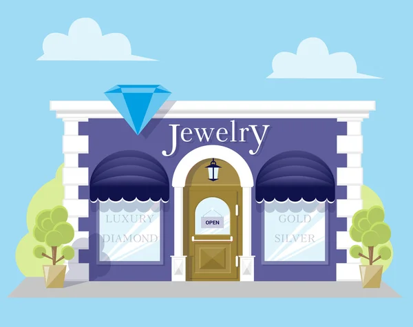 Facade jewelry store with a signboard, awning and silhouettes title in shopwindow. Image in a flat design. Front shop for Concept brochure or banner. Vector illustration isolated on blue background — Stock Vector