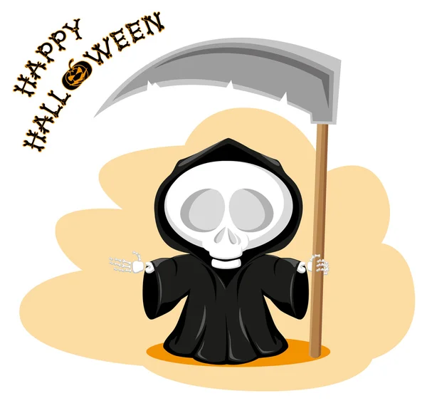 Divertente piccola morte con una grande falce con titolo Happy Halloween isolato su sfondo bianco. Stile cartone animato. Illustrazione vettoriale — Vettoriale Stock