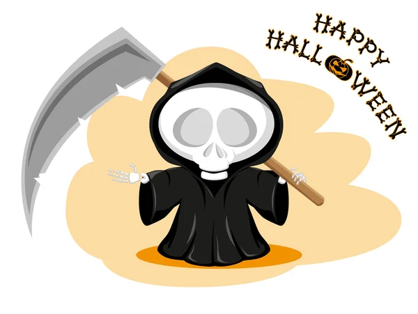 Divertente piccola morte con una grande falce con titolo Happy Halloween isolato su sfondo bianco. Stile cartone animato. Illustrazione vettoriale — Vettoriale Stock