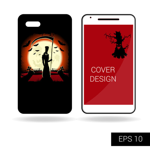 Дизайн покрыть мобильный смартфон страшным монстром или смерть на кладбище на фоне большой луны. Концепция в стиле мультфильма изолированы на белом фоне. Векторная иллюстрация
