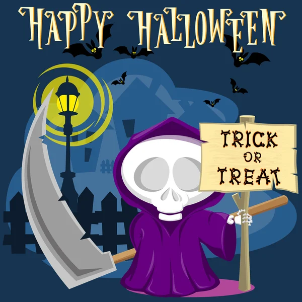 Tło Halloween. Zabawna mała śmierć z dużą kosą na ulicy miasta. Styl kreskówki. Projekt koncepcyjny dla banerów, plakatów, ulotek lub kart. Ilustracja wektorowa — Wektor stockowy