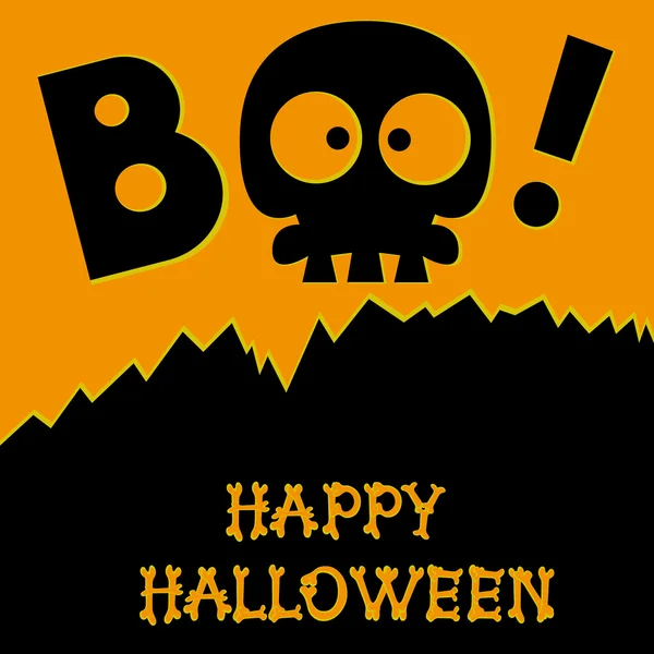 Bannière de vacances drôle : titre Boo à partir du squelette du crâne et Joyeux Halloween à partir de lettres os. Illustration vectorielle en style dessin animé. Concept design affiche, flyer ou billet sur la fête . — Image vectorielle