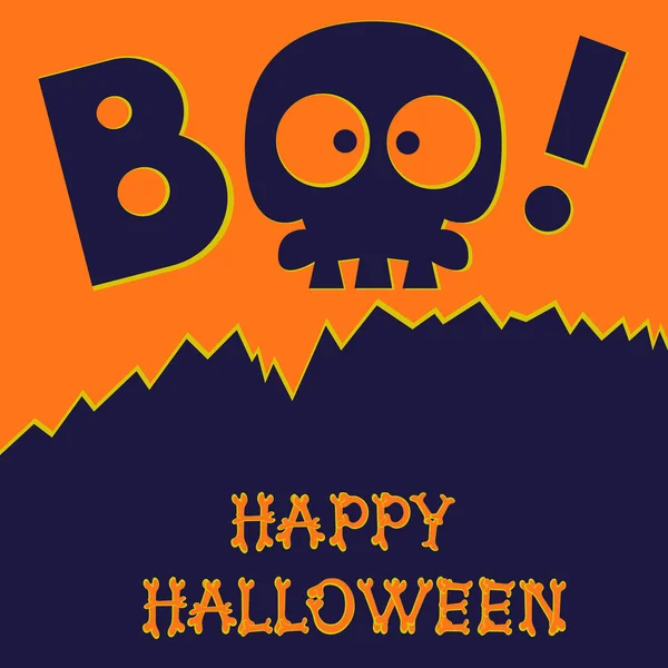 Bandiera di festa divertente: titolo Boo dallo scheletro del cranio e buon Halloween dalle lettere delle ossa. Illustrazione vettoriale in stile cartone animato. Concetto poster di design, volantino o biglietto sulla festa . — Vettoriale Stock