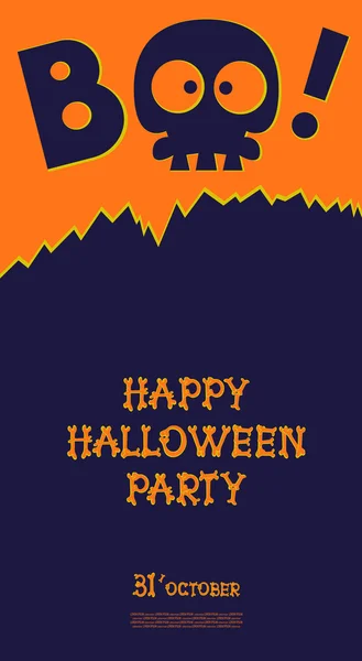 Bandiera di festa divertente: titolo Boo dallo scheletro del cranio e buon Halloween dalle lettere delle ossa. Illustrazione vettoriale in stile cartone animato. Concetto poster di design, volantino o biglietto sulla festa . — Vettoriale Stock