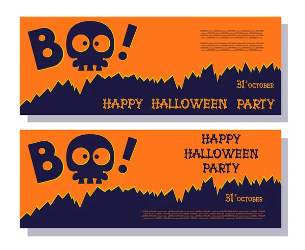 Funny holiday banner: title Boo from skull skeleton and Happy Halloween from bones letters. Vector illustration in cartoon style. Concept design poster, flyer or ticket on party. — Stock Vector