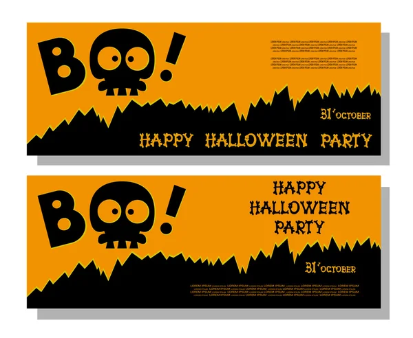 Grappige vakantie banner: titel Boo van schedel skelet en Happy Halloween van botten letters. Vector illustratie in cartoon stijl. Concept ontwerp poster, flyer of ticket op feest. — Stockvector