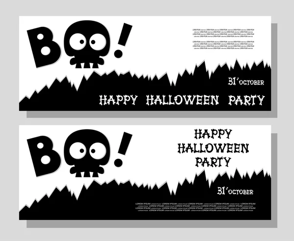 Funny holiday banner: title Boo from skull skeleton and Happy Halloween from bones letters. Vector illustration in cartoon style. Concept design poster, flyer or ticket on party. — Stock Vector
