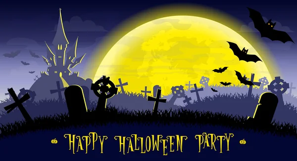 Halloween-Hintergrund. Monster Fledermäuse auf alten Friedhofskulissen auf gruseliger Burg, Mond und Gräbern. Konzept für Banner, Plakate, Flyer, Karten oder Einladungen zur Party. Cartoon-Stil. Vektorillustration — Stockvektor